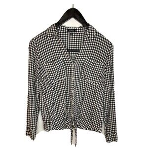 Jones New York Women’s S Black White Gingham Knot Tie Front Shirt Roll Sleeves